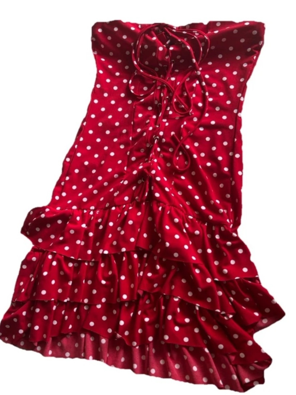 Red Polka Dot Ruffle strapless dress